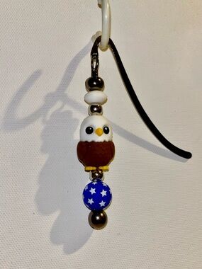 Cute Patriotic Brown & White Eagle Bookmark Featuring a Blue Bead w/White Stars